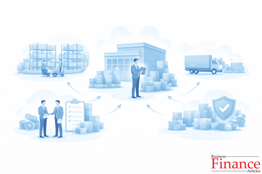 Flat illustration explaining key functions of wholesalers such as warehousing, delivery, risk management, and coordination within the supply chain