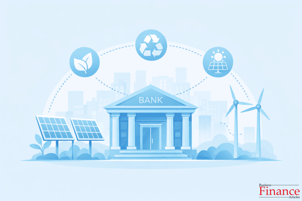 Green banking concept showing a bank supporting renewable energy and sustainable finance