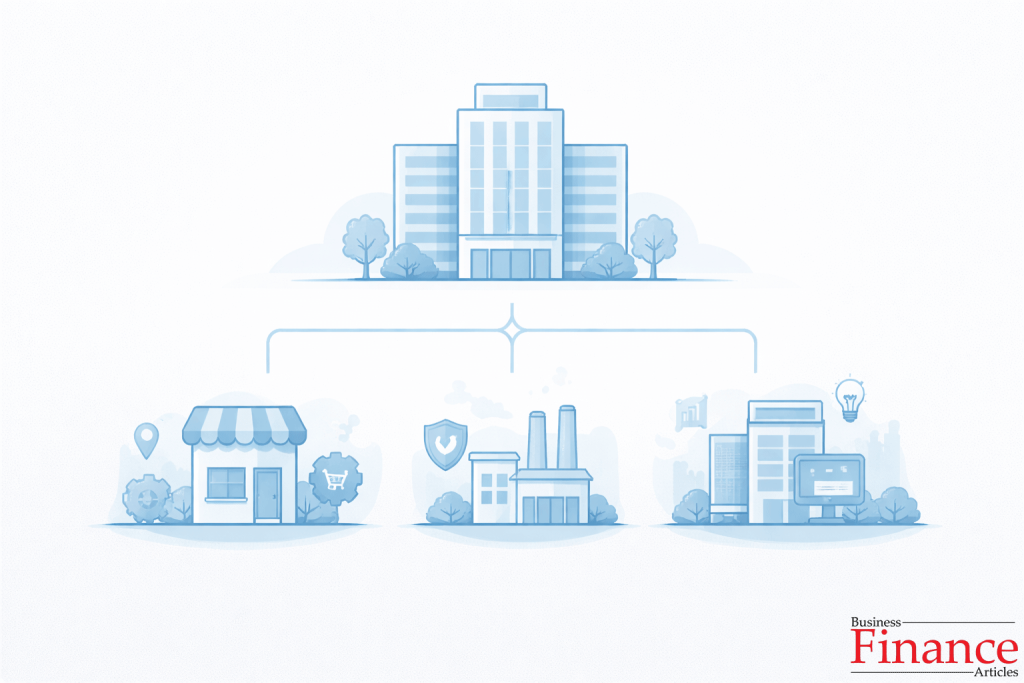 Illustration showing a holding company structure with a parent company and multiple subsidiaries