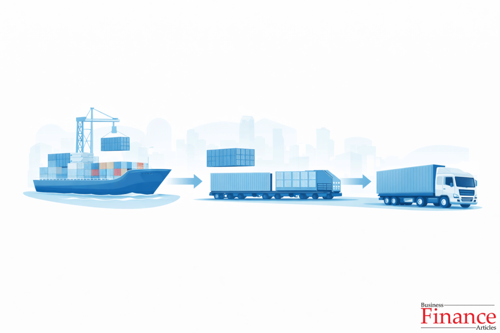 Intermodal transportation process showing a container moving from ship to train to truck in business logistics