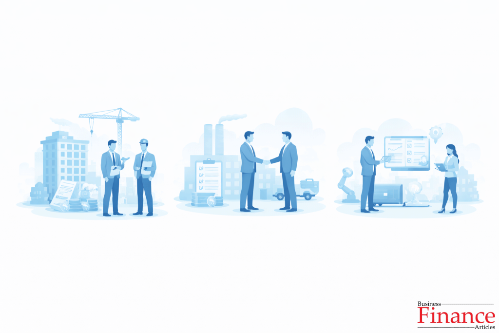Flat vector illustration showing joint venture applications across industries such as real estate, manufacturing, and technology through shared project structures.