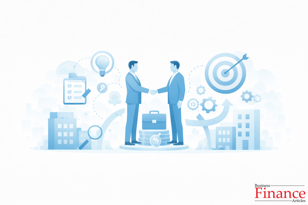 Flat vector illustration showing a joint venture concept with multiple companies collaborating and sharing resources toward common business goals.