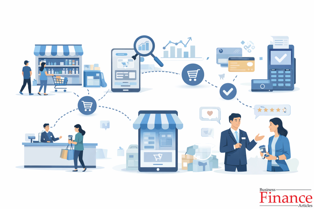 •	Modern retail illustration showing online and offline shopping integration, digital payments, data analytics, and personalized customer experience