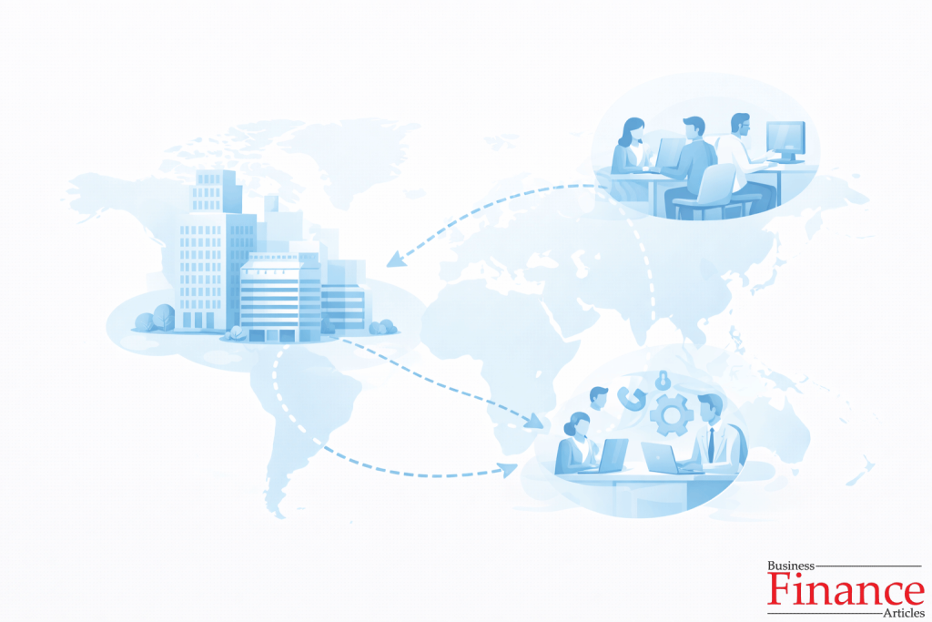 Offshoring concept showing a company connecting operations across multiple countries
