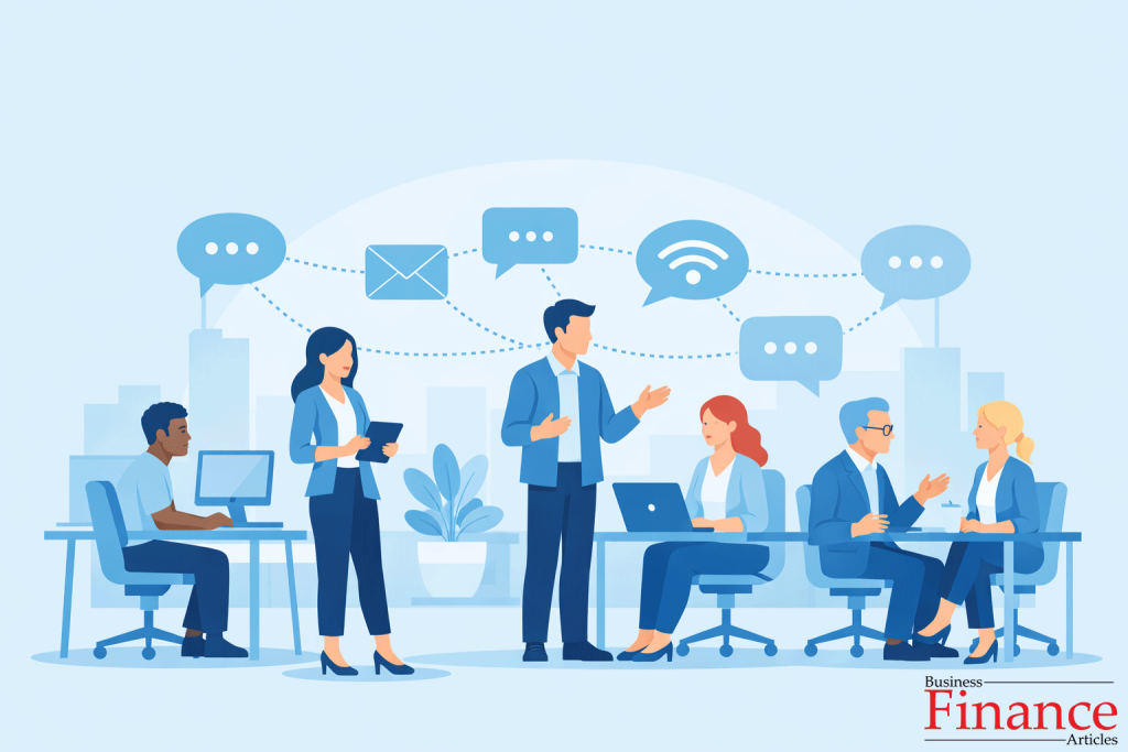 Organizational communication showing employees connected through messages and collaboration