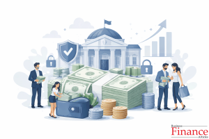 • Conceptual illustration representing paper money in modern economies, showing currency notes, central banking, public trust, and economic stability