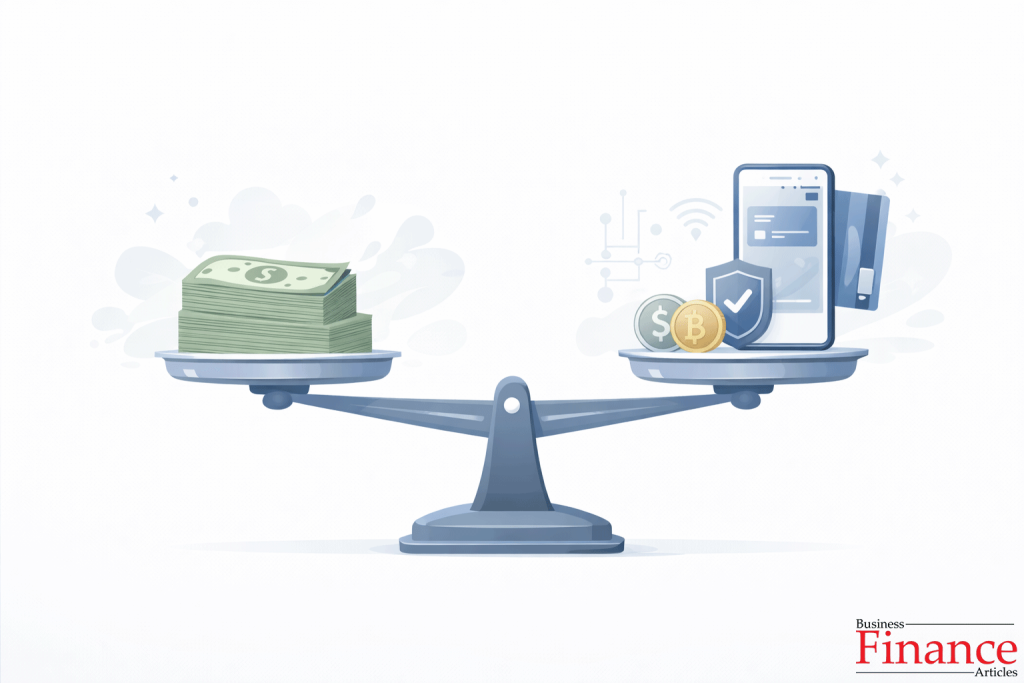 Comparative illustration showing paper money versus digital money using cash notes and digital payment symbols balanced side by side