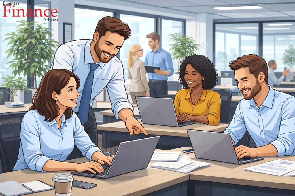 Supportive manager and engaged employees working in a positive office environment