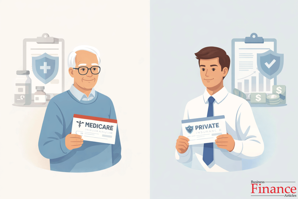 Senior citizen and working adult comparing Medicare and private health insurance