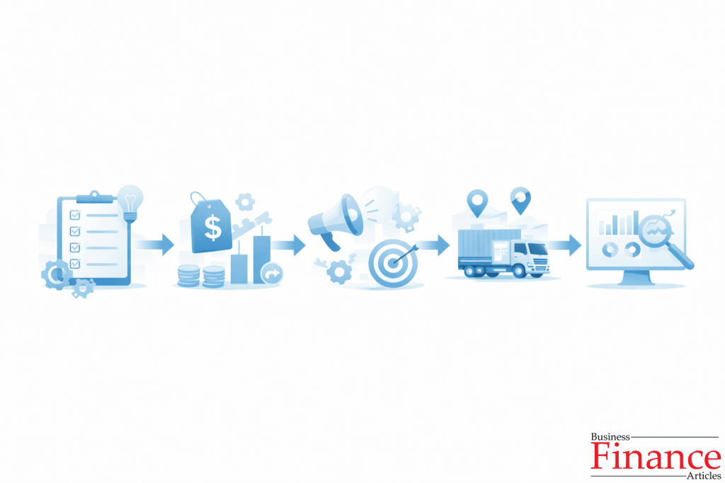 Sales management workflow illustrating planning, pricing, promotion, distribution, and performance tracking