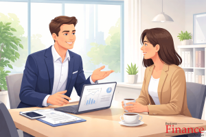 Confident salesperson interacting professionally with a client in a modern office