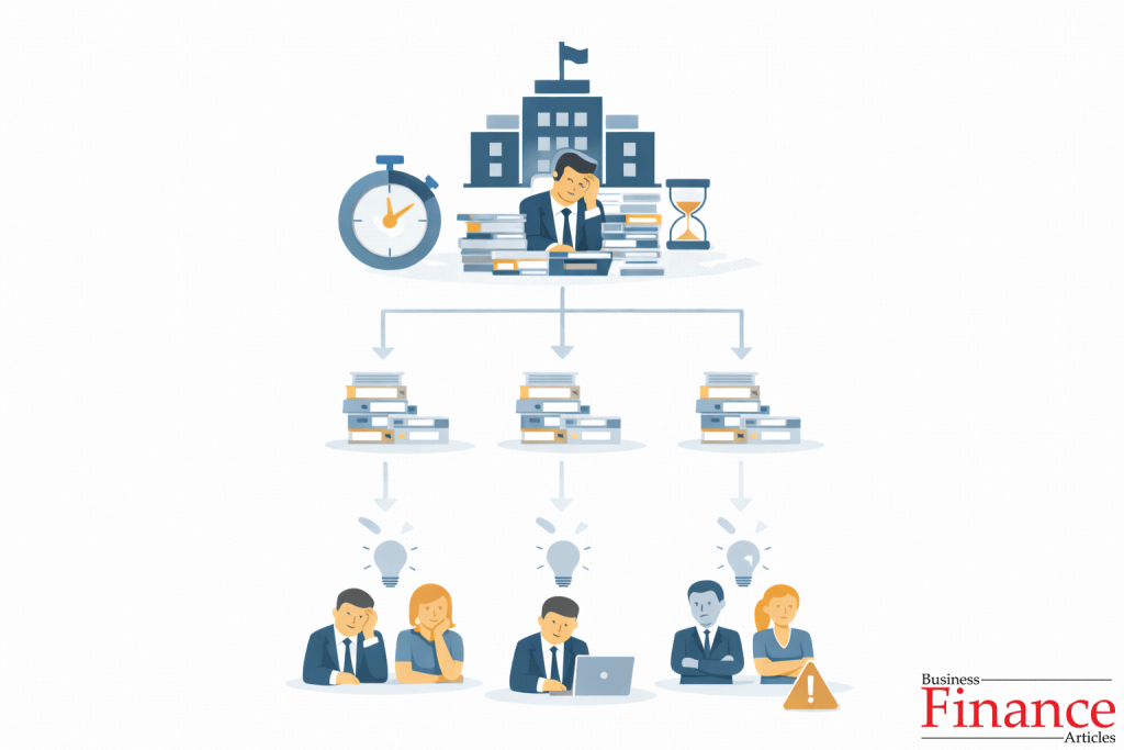 Slow decision implementation in centralized management due to multiple approval layers and overloaded leadership