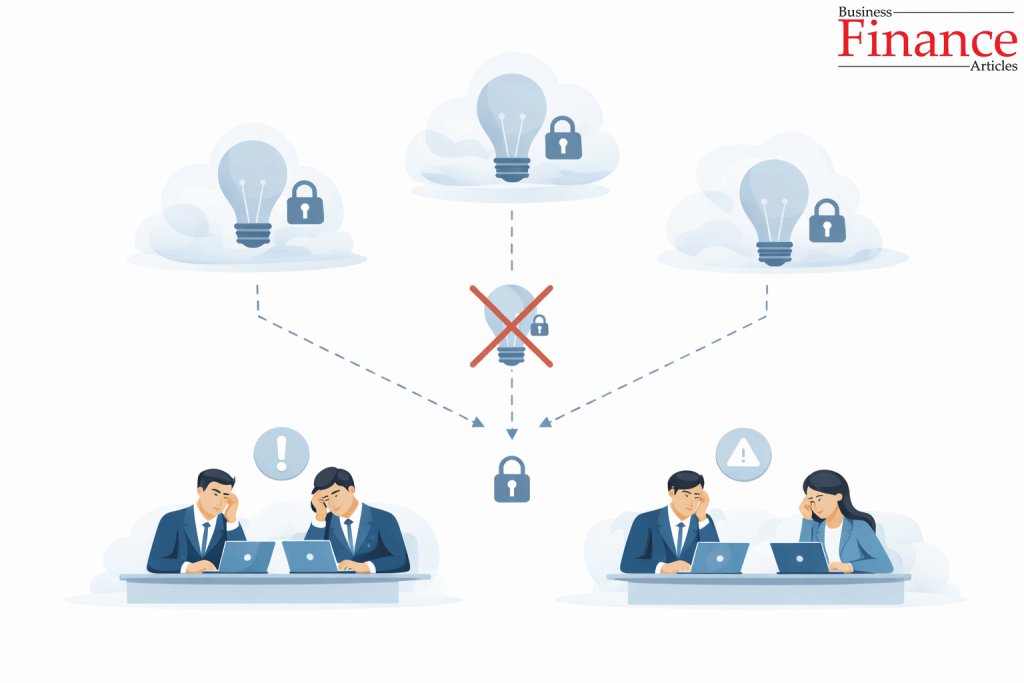 Conceptual illustration showing suppressed innovation in a centralized organization with limited autonomy, muted ideas, and disengaged employees