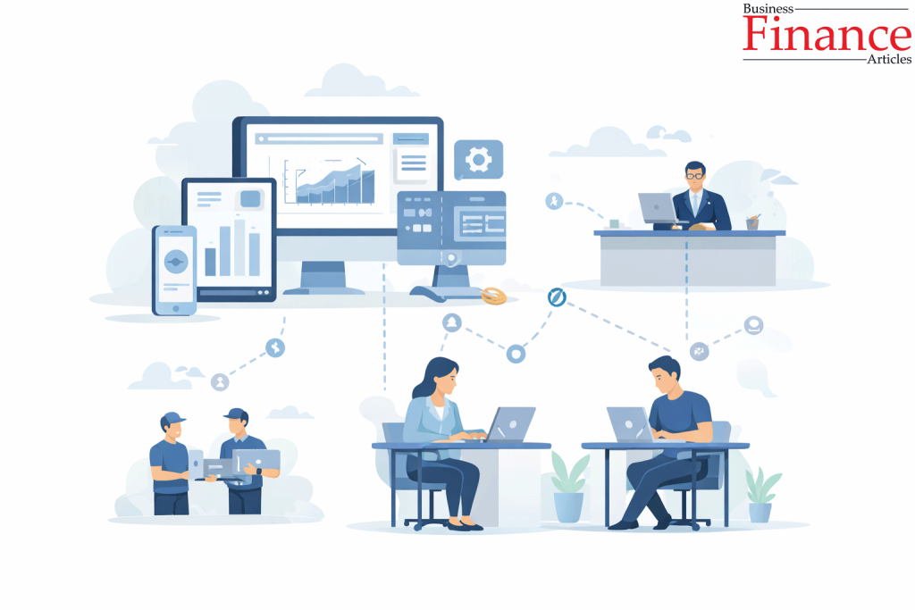 Business illustration showing technology-enabled decision-making with centralized strategy and decentralized execution by skilled employees
