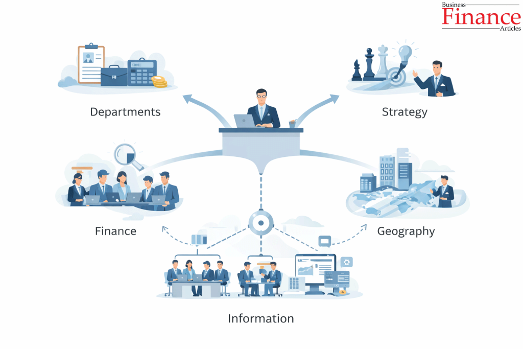 Types of centralization in organizations showing centralized authority across departments, strategy, geography, and information systems
