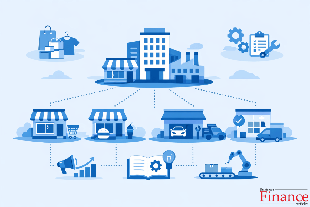 Illustration showing different franchising business models connected to a central brand