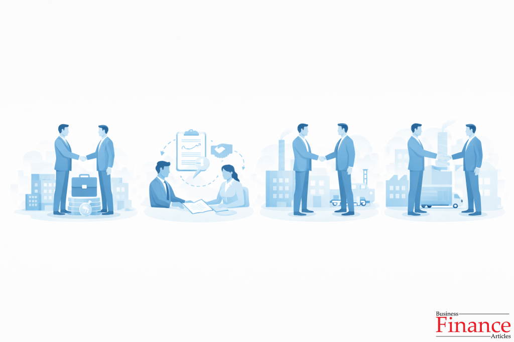 Illustration showing different types of joint ventures including equity joint ventures, contractual partnerships, and vertical and horizontal collaborations.