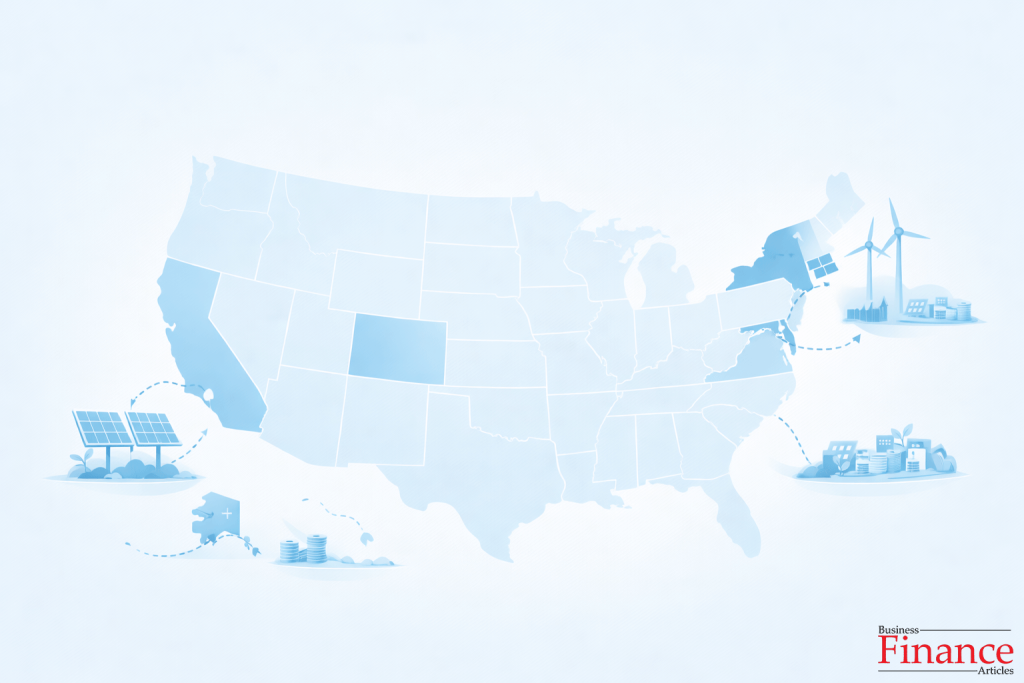 United States map highlighting state-level green banks and local clean energy initiatives