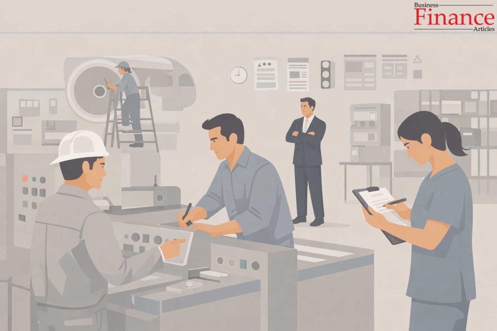 Disciplined employees executing standardized tasks efficiently under strict leadership in a regulated environment