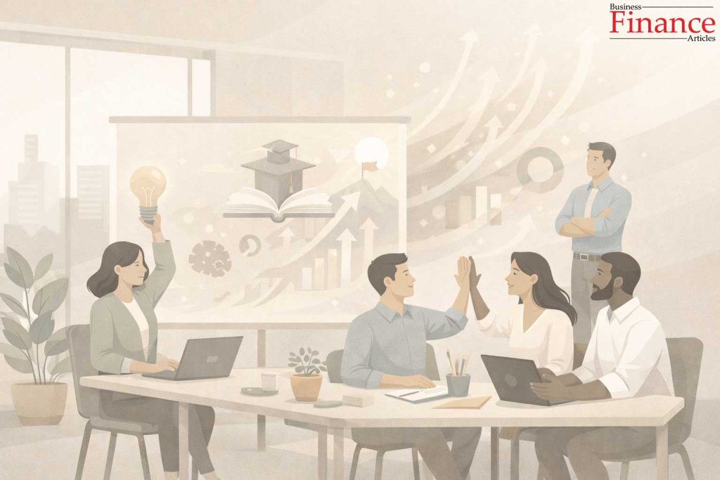 Employees collaborating and growing under transformational leadership with focus on innovation