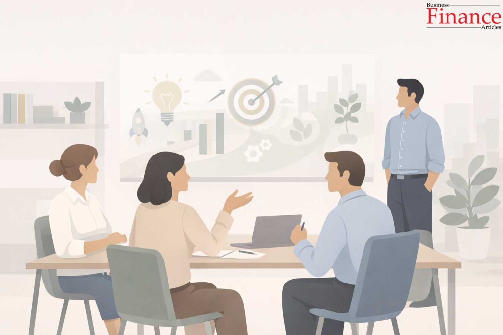 Team collaboratively discussing ideas aligned with a shared long-term vision in a modern office