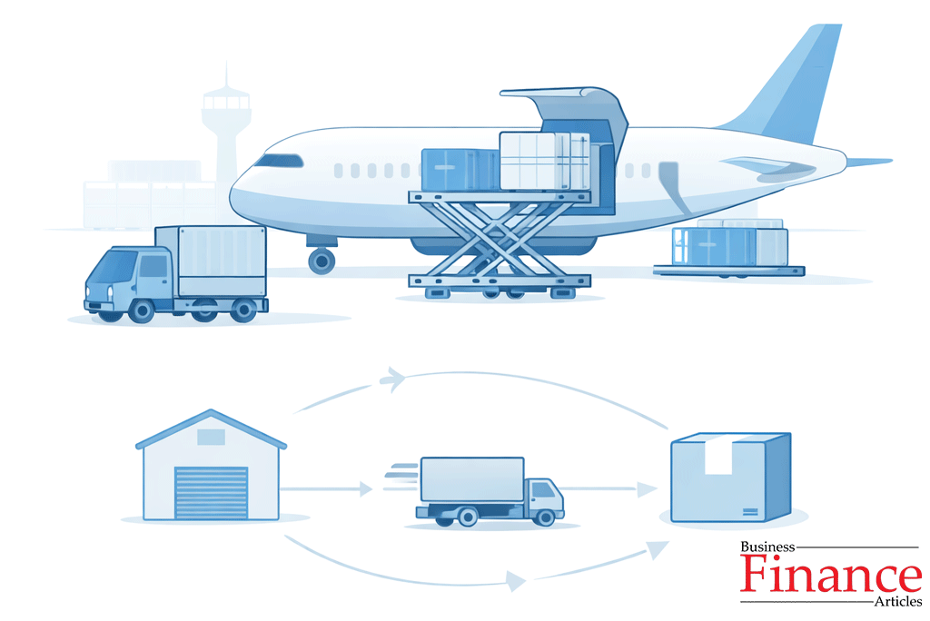 Flat illustration of a cargo aircraft being loaded at an airport with connected supply chain icons in the foreground