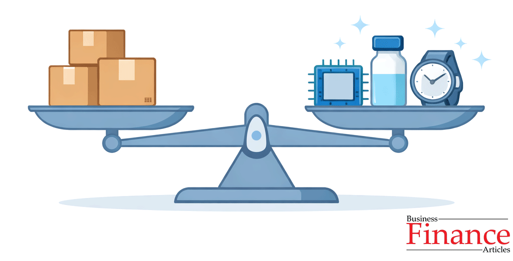 Flat illustration showing a balance scale comparing low cargo volume with high trade value goods in air transport