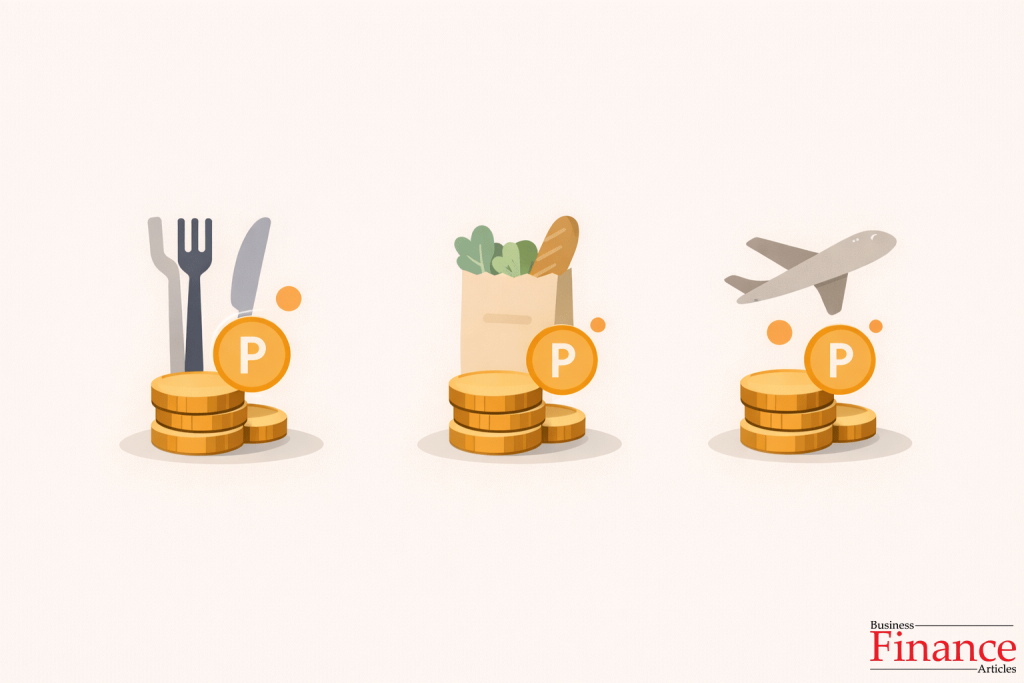 Illustration showing reward points earned from dining, groceries, and travel spending
