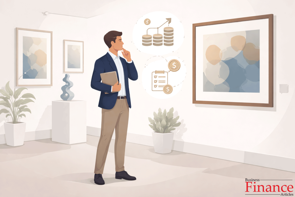 • Person observing artwork in a gallery while considering art as an investment