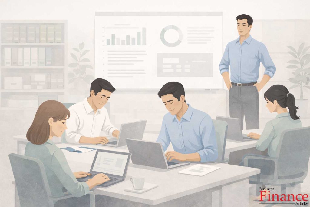 Skilled employees working independently but aligned toward shared goals under an authoritative leader