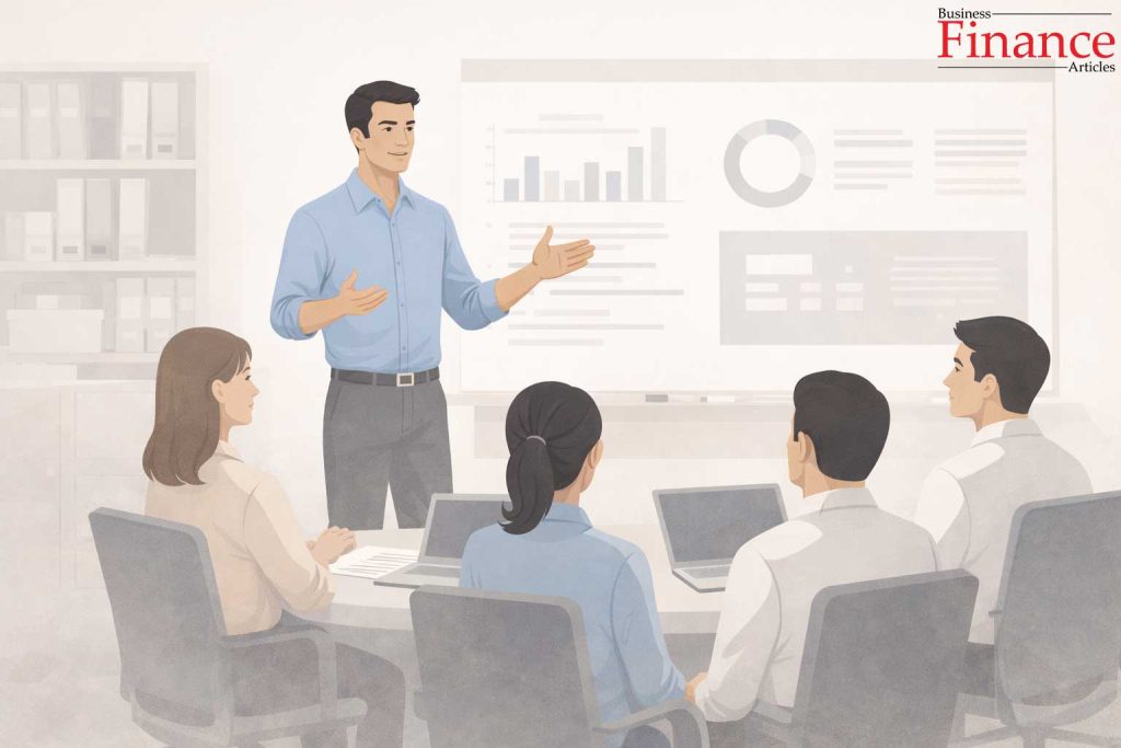 Confident leader explaining clear direction to a professional team in a modern office setting