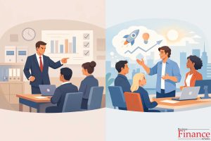 Illustration comparing autocratic leadership giving direct orders and visionary leadership inspiring a team around a shared future goal