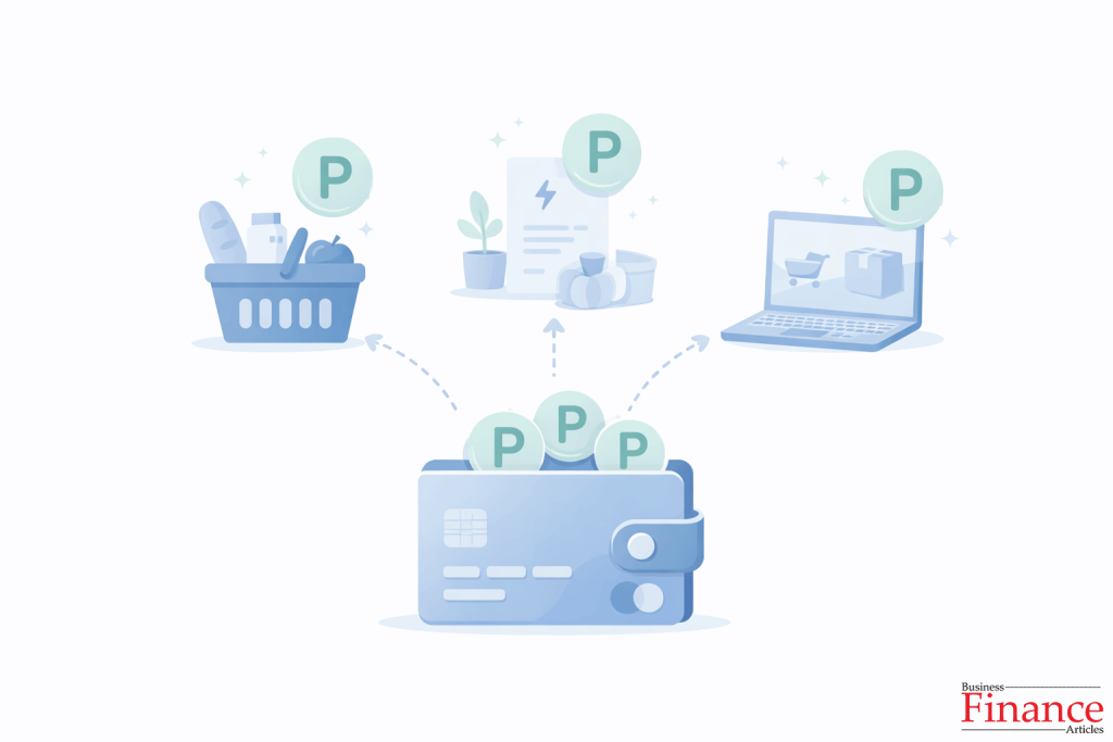 Credit card making grocery, utility and online purchases with reward points appearing above transactions