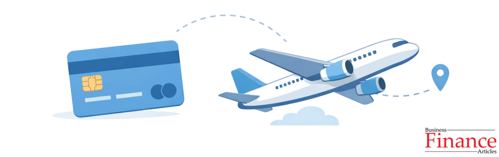 Generic credit card beside airplane icon with dotted flight path on white background representing travel rewards