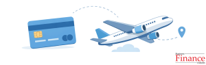 Generic credit card beside airplane icon with dotted flight path on white background representing travel rewards
