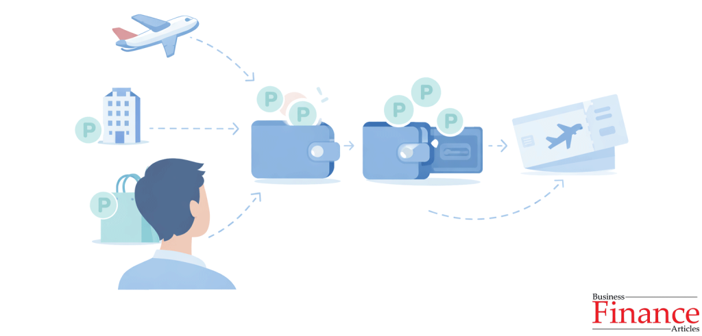 Traveller earning reward points from flight, hotel and shopping icons flowing into wallet and redeeming for airplane ticket