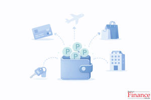 Credit card, airplane, shopping bag and hotel icons flowing into central reward wallet symbol