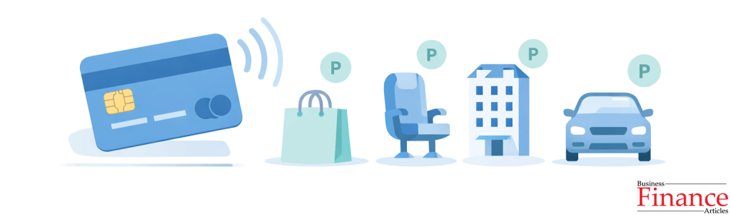 Credit card tapping near shopping, airline seat, hotel and car hire icons with floating reward symbols