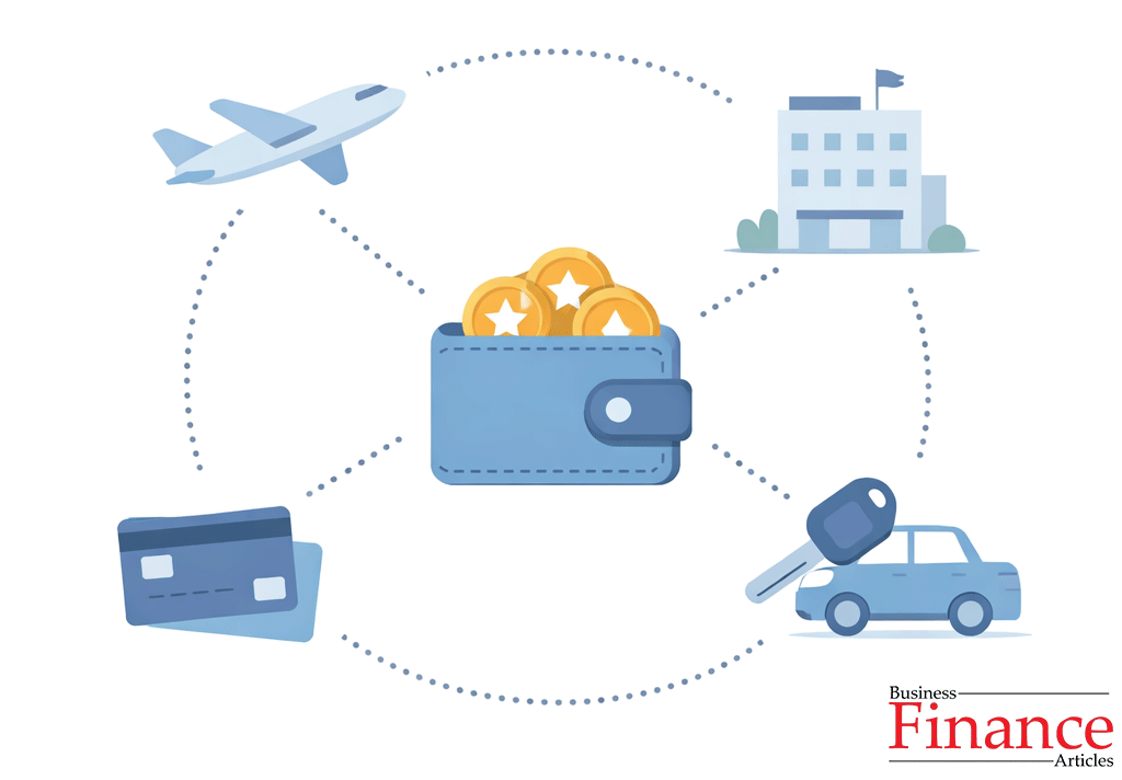 Central reward wallet connected to airplane, hotel, car hire and credit card icons in circular ecosystem layout