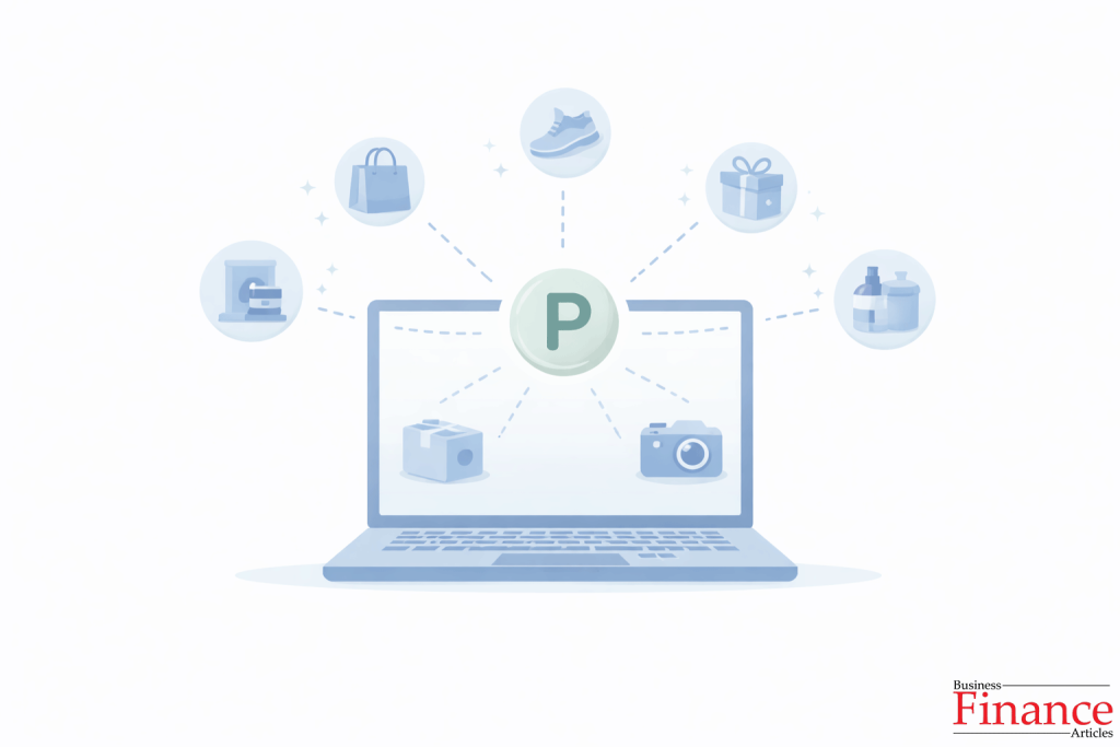 Laptop displaying multiple retail icons connected to central airline reward symbol with dotted lines