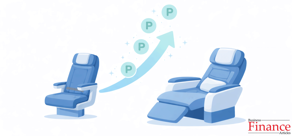 Economy airplane seat transforming into premium lie-flat seat with reward points rising upward