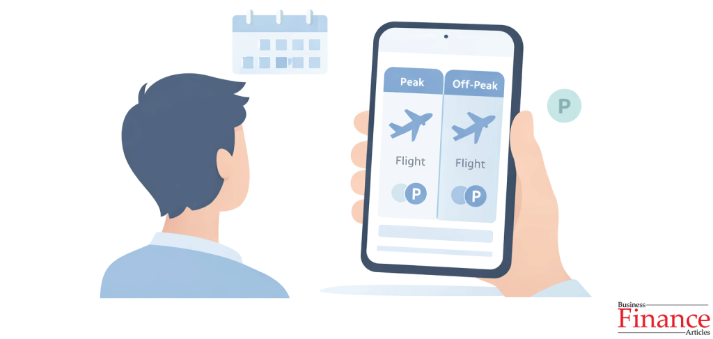 Traveller comparing two flight options on mobile screen with reward points and calendar concept