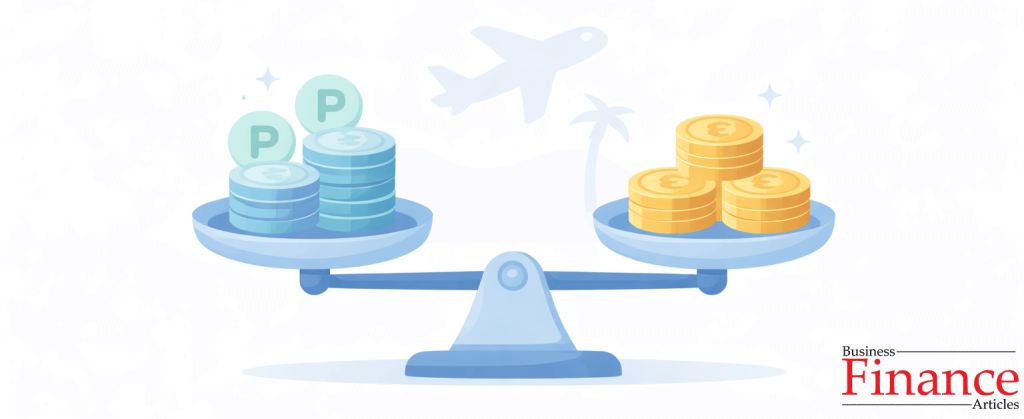 Balance scale comparing reward points on one side and cash coins on the other with subtle travel background
