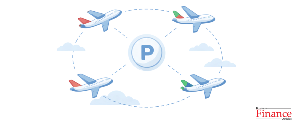 Interconnected airplane icons linked around a central reward points symbol representing the Avios travel network
