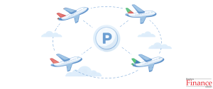 Interconnected airplane icons linked around a central reward points symbol representing the Avios travel network