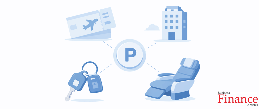 Travel reward icons including airplane ticket, hotel, car key and premium seat arranged around central reward points symbol