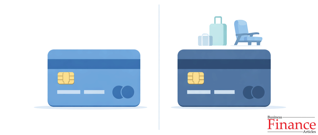 Two credit cards side by side showing standard and premium versions with subtle travel perk icons