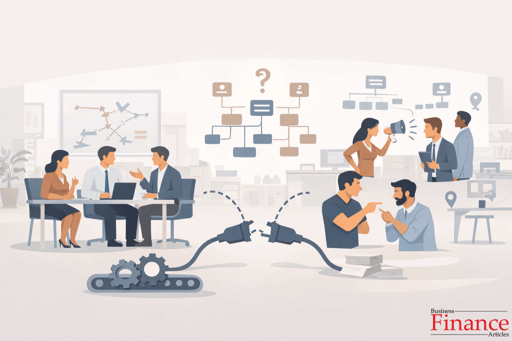 Illustration representing barriers to coordination in management with misaligned teams, broken communication, and unclear hierarchy