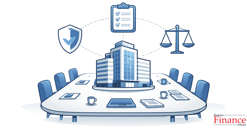 Boardroom table with corporate building connected to oversight icons including shield, checklist, and balance scale symbolizing governance controls