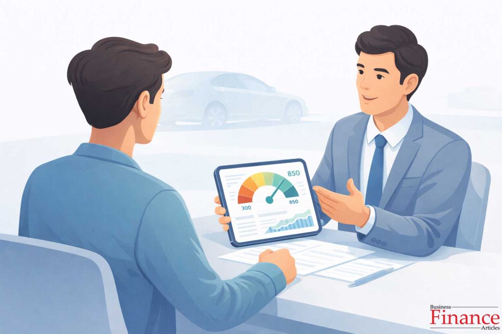 Customer reviewing car financing options with consultant at dealership desk